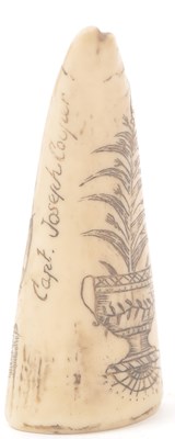 Lot 359 - TWO 20TH CENTURY RESIN SCRIMSHAW SPERM WHALE CARVED TEETH