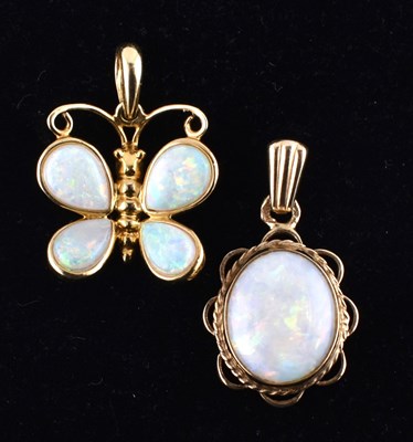 Lot 208 - TWO HALLMARKED 9CT GOLD & OPAL NECKLACE PENDANTS